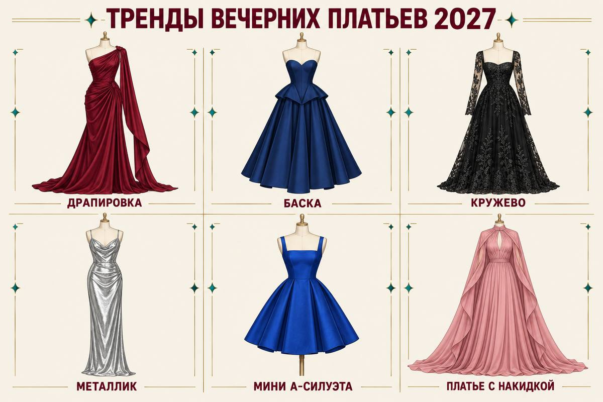 Шесть визуальных ориентиров сезона: драпировка, баска, кружево, металлик, мини А-силуэта и накидка.