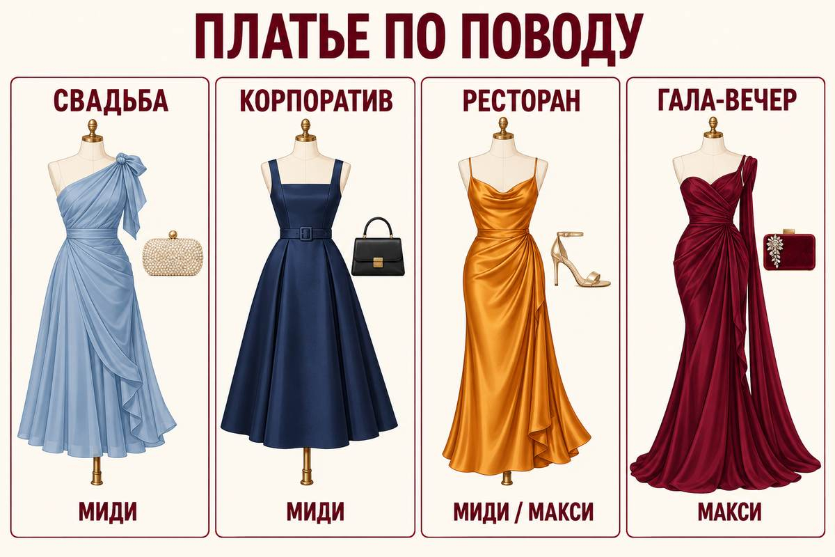 Повод подсказывает степень формальности, длину и допустимую выразительность платья.