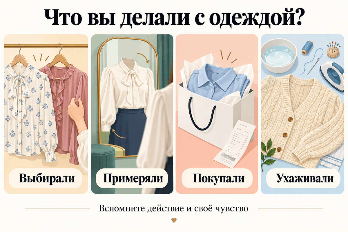 Четыре действия во сне: выбор, примерка, покупка и уход за вещью.