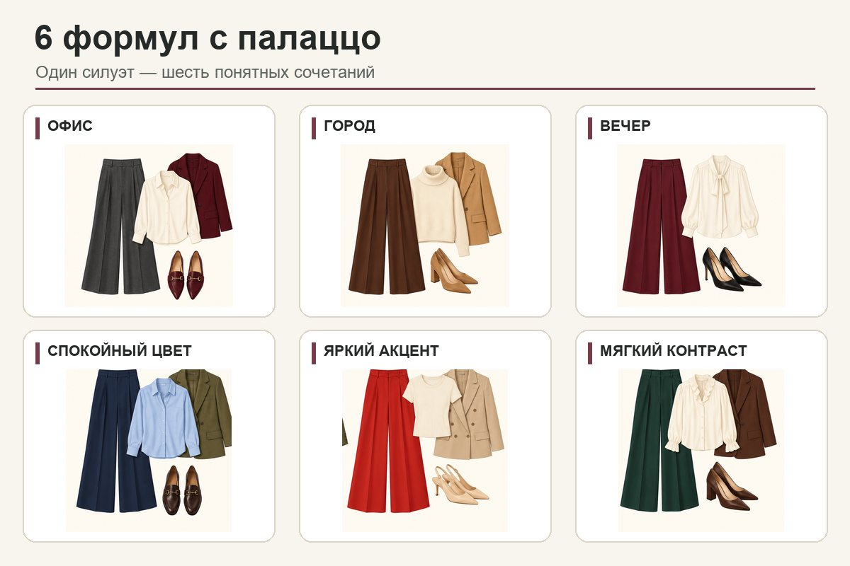 Шесть формул в одной схеме: меняйте цвет и верх, сохраняя понятную пропорцию.